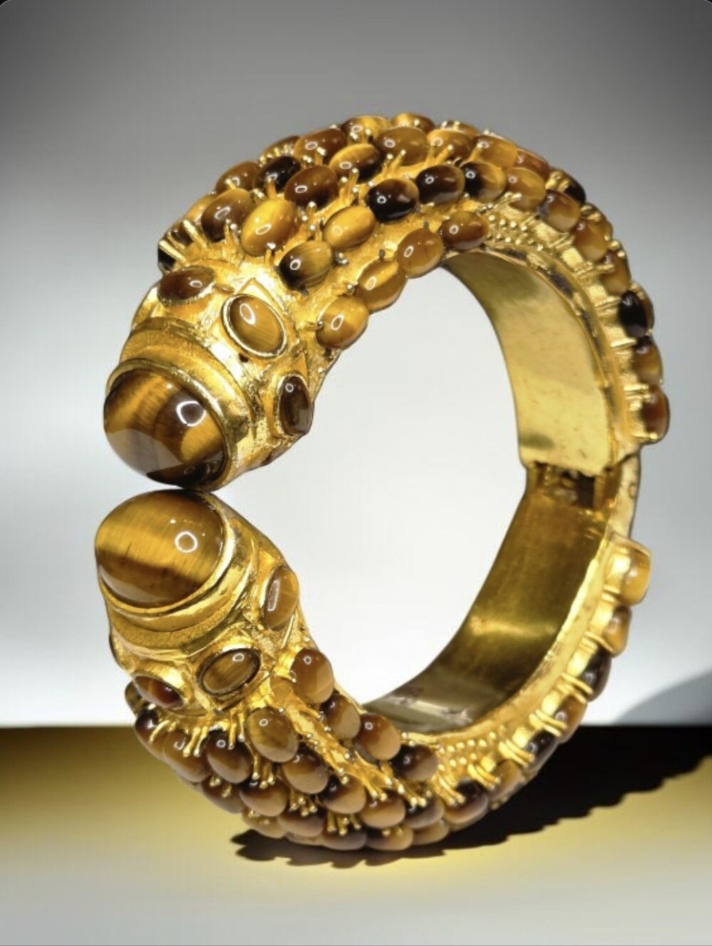 Massive 18k Gold Plated Tigers Eye  Cabochon Bangle Cuff Clamper Bracelet